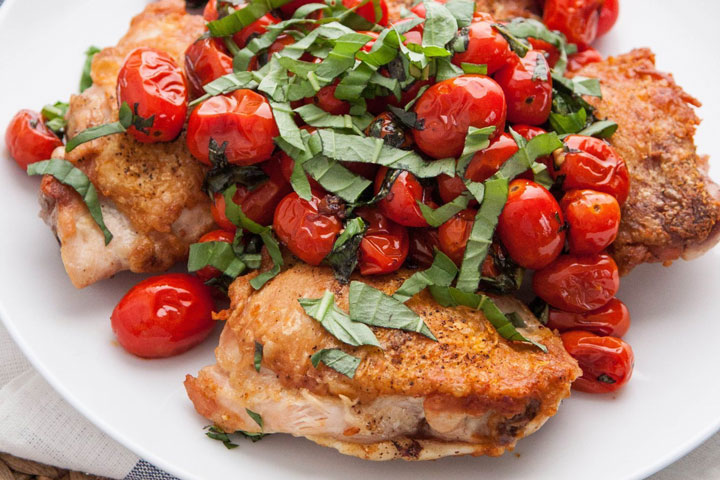 Chicken Thighs with Blistered Tomatoes and Basil