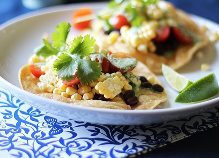 Corn, Tomato & Black Bean Tostadas with Creamy Cilantro Dressing